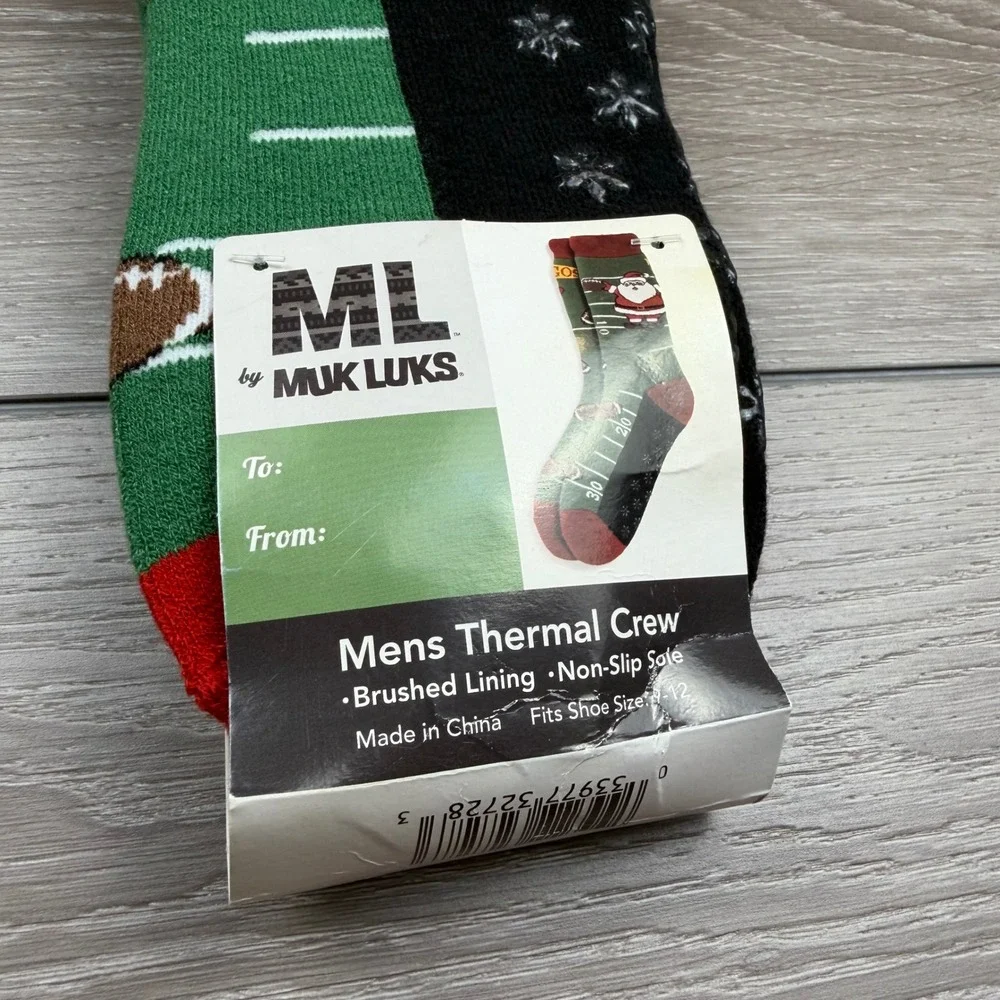 MUK LUKS Mens Thermal Crew Socks Santa Football Christmas Green Red 9-12